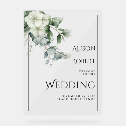 Eucalyptus, witte bloemen rand bruiloft WELKOM Acryl Bord (Voorkant)