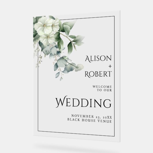 Eucalyptus, witte bloemen rand bruiloft WELKOM Acryl Bord (Hoek)