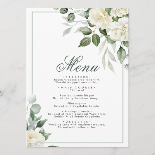 Eucalyptus Witte Bloemen Trouwmenu 5x7 Menu (Voorkant)