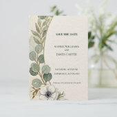 Eucalyptus witte bloemensave-the-datekaart save the date (Staand voorkant)