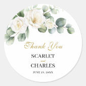 Eucalyptus Witte Roos Groene Bloemen Bruiloft Ronde Sticker (Voorkant)