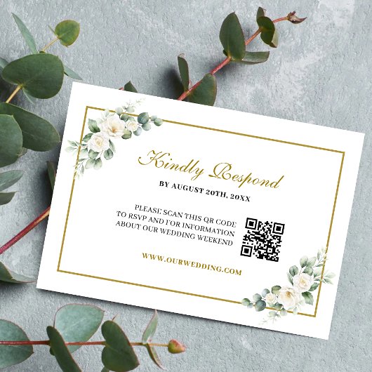 Eucalyptus Witte Roos Groene Huwelijks QR Code RSVP Kaartje