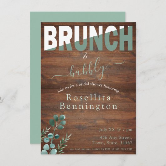 Eucalyptus Wood Brunch en Bubble Vrijgezellenfeest Kaart (Voorkant / Achterkant)