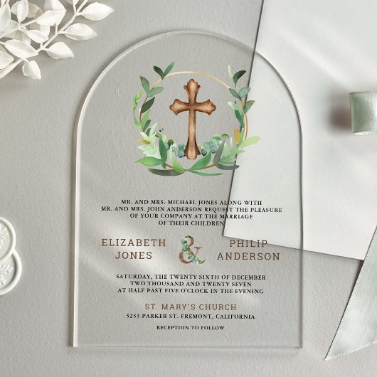 Eucalyptus Wood Cross Catholic Wedding Acryl Uitnodigingen