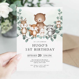 Eucalyptus Woodland Animals Greenery 1st Birthday Kaart
