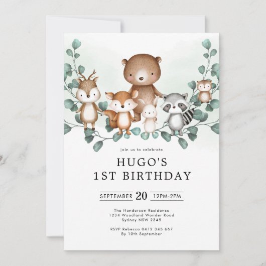 Eucalyptus Woodland Animals Greenery 1st Birthday Kaart (Voorkant)