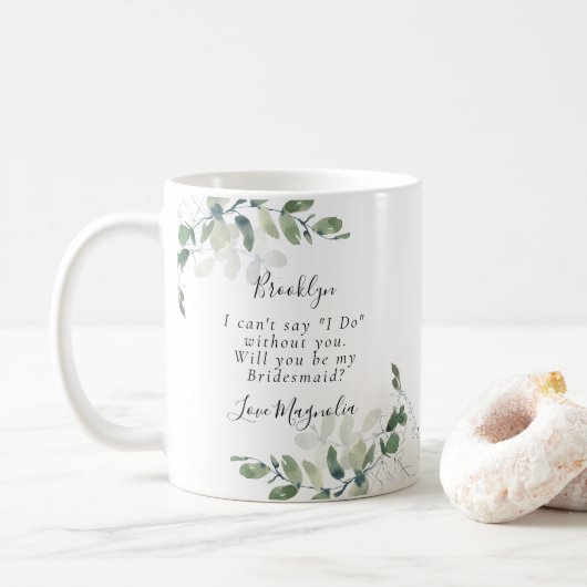 Eucalyptus word je mijn Bridesmaid? Voorstel Koffiemok (Met donut)