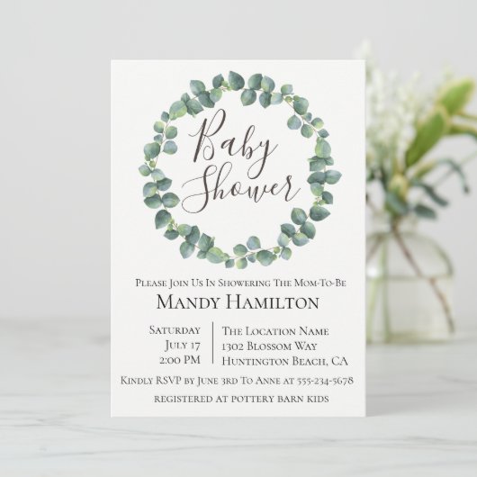 Eucalyptus Wreater Baby shower Invitation Kaart (Staand voorkant)
