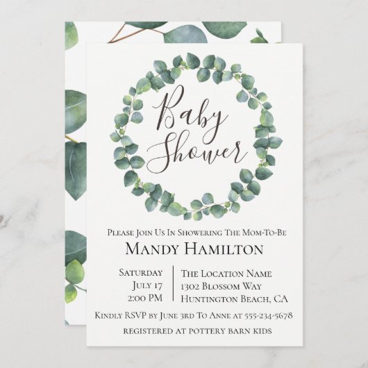 Eucalyptus Wreater Baby shower Invitation Kaart (Voorkant / Achterkant)