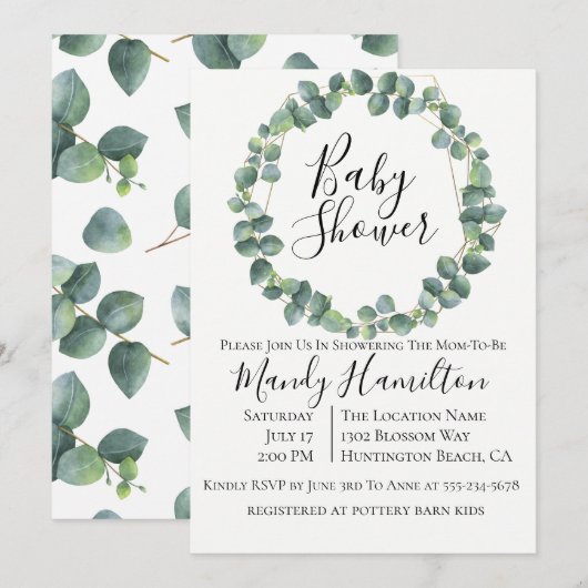 Eucalyptus Wreater Baby shower Invitation Kaart (Voorkant / Achterkant)