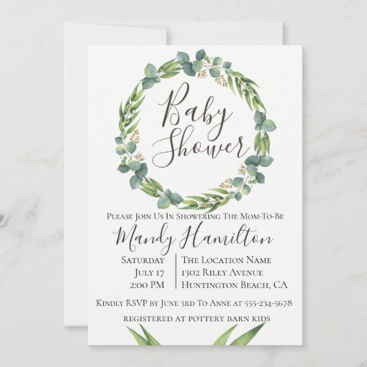 Eucalyptus Wreater Baby shower Invitation Kaart (Voorkant)