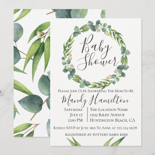Eucalyptus Wreater Baby shower Invitation Kaart (Voorkant / Achterkant)