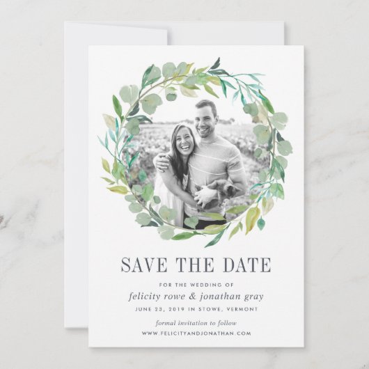 Eucalyptus Wreatfoto Save the Date Kaart (Voorkant)