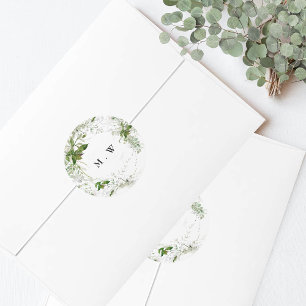 Eucalyptus WreatGreen Monogram Wedding Envelope Ronde Sticker