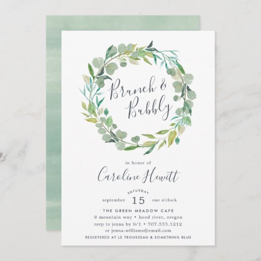 Eucalyptus Wreath Brunch & Bubble Invitation Kaart (Voorkant / Achterkant)
