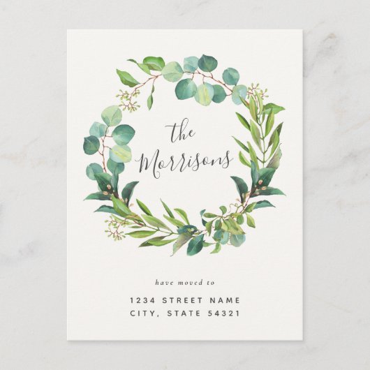 Eucalyptus Wreath Calligraphy Change of Address Briefkaart (Voorkant)