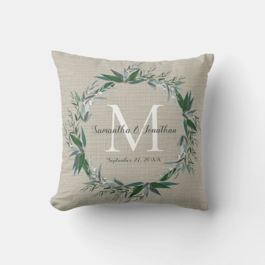 Eucalyptus Wreath Monogram Chic Wedding Keepomwill Kussen (Voorkant)