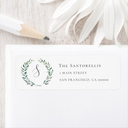 Eucalyptus Wreath Monogram Return Address Labels (Insitu)