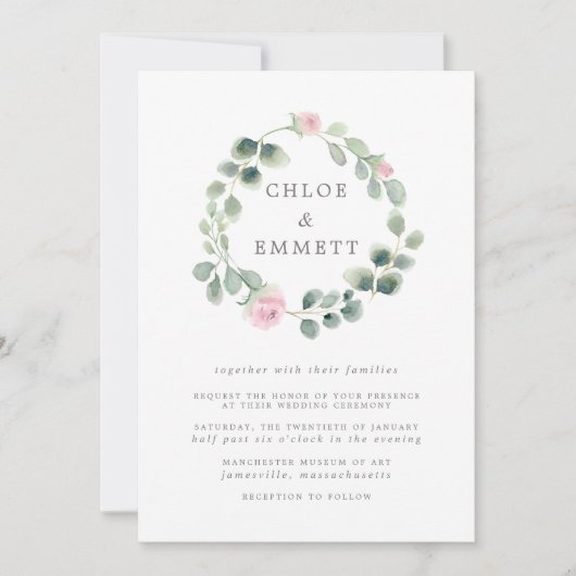 Eucalyptus Wreath, roze Floral Wedding Kaart (Voorkant)
