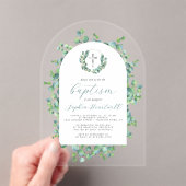 Eucalyptus Wreath Silver Cross Arch Baptism Acryl Uitnodigingen (Insitu (Draagbaar))