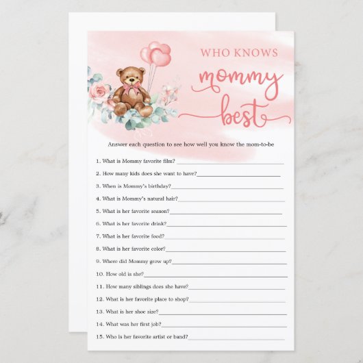 Eucalyptus Wreath Teddy Bear Baby shower game (Voorkant / Achterkant)