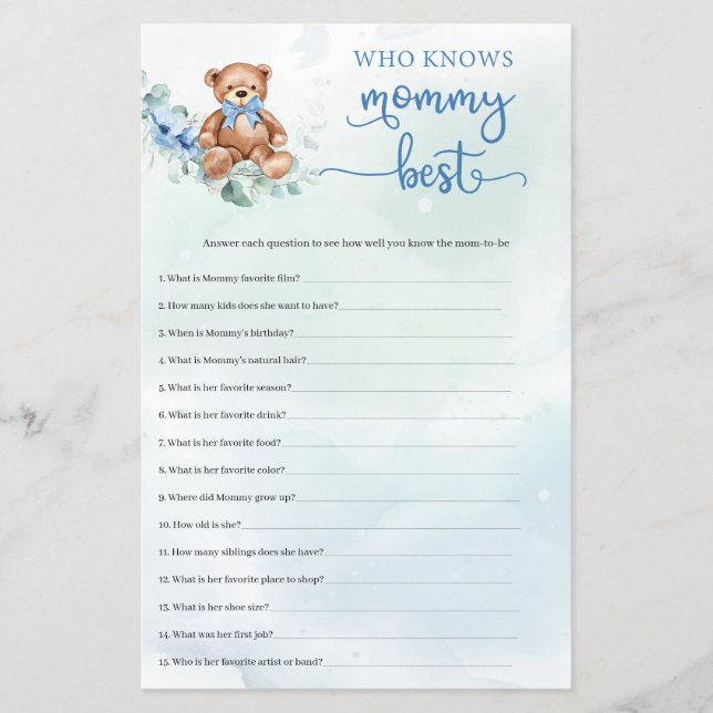 Eucalyptus Wreath Teddy Bear Boy Baby shower game (Voorkant)