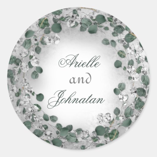 Eucalyptus Wreath Wedding Name Favor Green Silver Ronde Sticker (Voorkant)