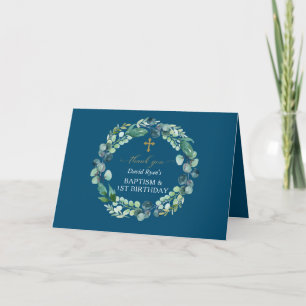 Eucalyptus WreatPhoto Boy Baptism First Birthday Bedankkaart