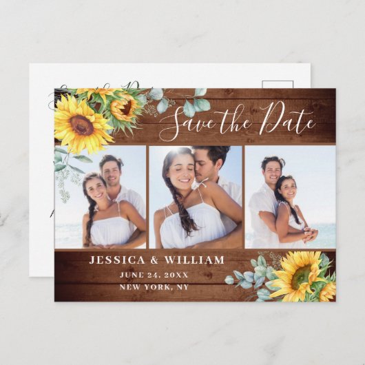 Eucalyptus Zonnebloem 3 FOTO Bruiloft Save the Dat Aankondigingskaart (Voorkant / Achterkant)