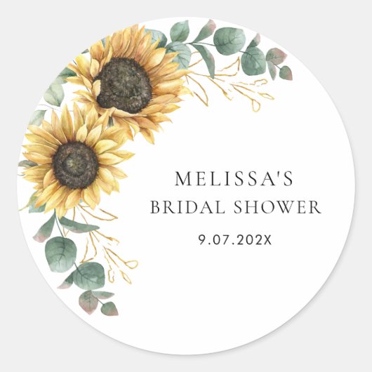 Eucalyptus Zonnebloem Moderne Bruidsdouche Ronde Sticker (Voorkant)