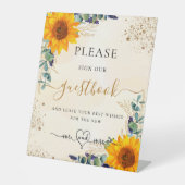 Eucalyptus zonnebloemen bruiloft ons gastenboek reclamebord met voetstuk (Voorkant)