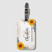 Eucalyptus zonnebloemen goud glitter monogram bagagelabel (Voorkant (verticaal))