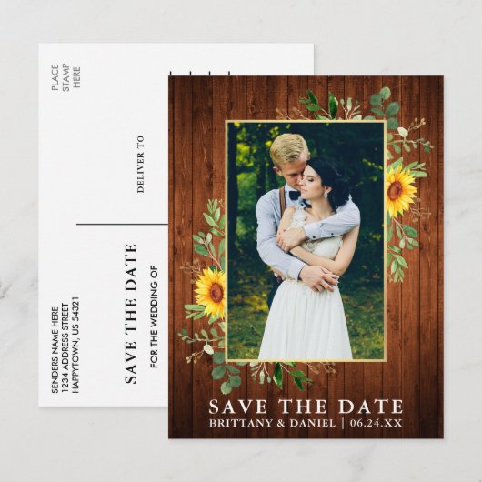 Eucalyptus Zonnebloemenhout Save the Date Briefkaart (Voorkant / Achterkant)