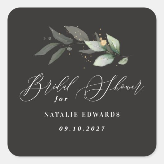 Eucalyptus zwart gouden bruidsdouche vierkante sticker (Voorkant)