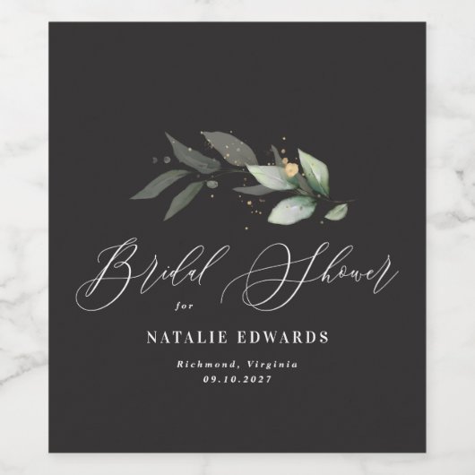 Eucalyptus zwart gouden bruidsdouche wijn etiket (Enkel label)