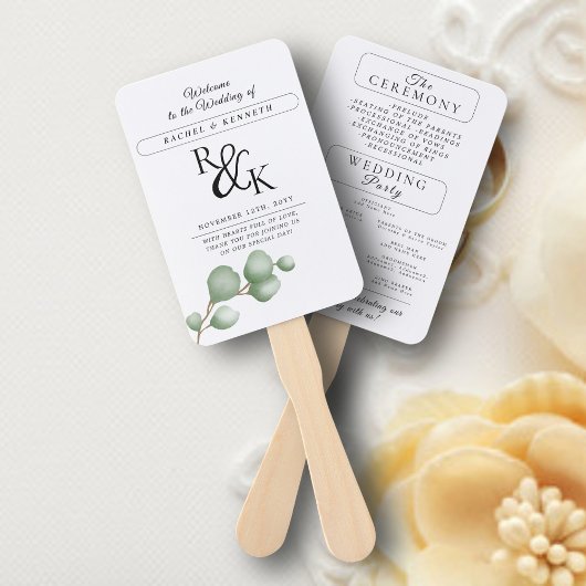 Eucalyptus zwart-wit huwelijksceremonieprogramma handwaaier