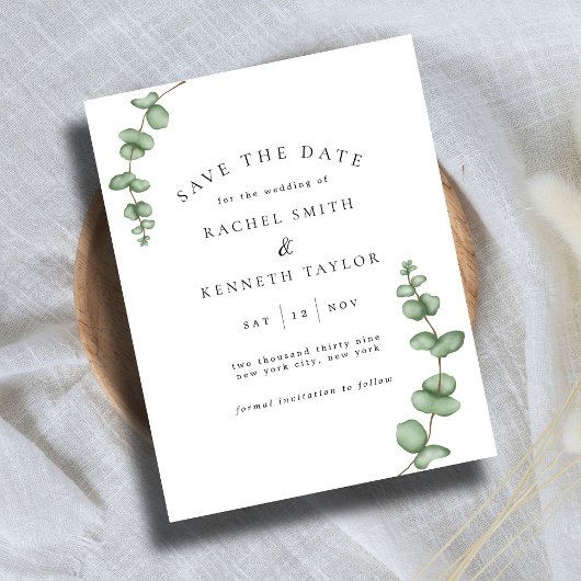 Eucalyptus Zwart & Wit Minimalist Save the Date
