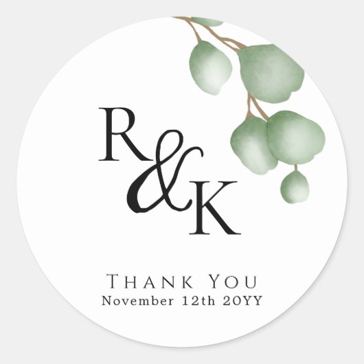 Eucalyptus Zwart & Wit Minimalistisch Monogram bru Ronde Sticker (Voorkant)