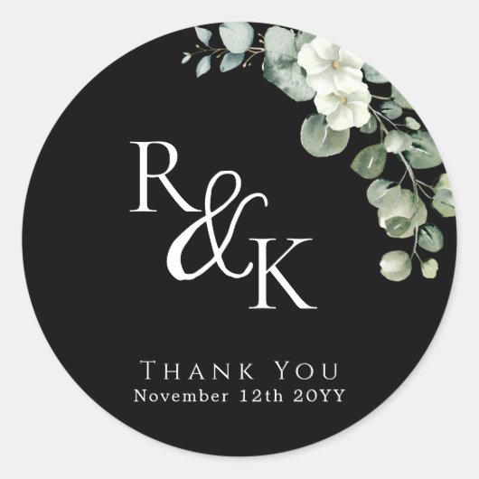 Eucalyptus Zwart & Wit Minimalistisch Monogram bru Ronde Sticker (Voorkant)
