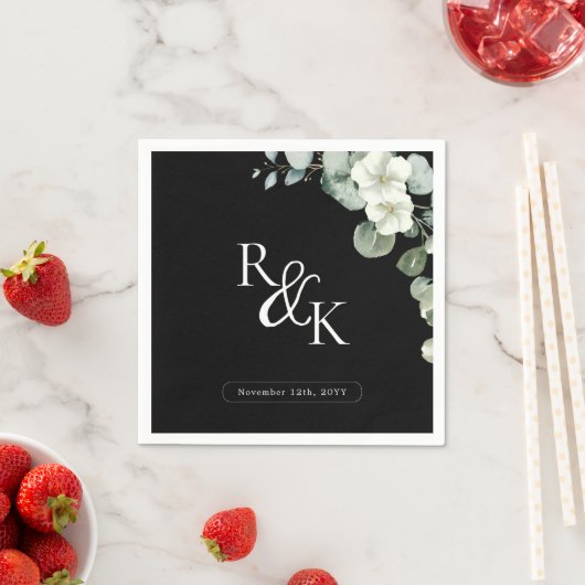 Eucalyptus Zwart & Wit Minimalistisch Monogram bru Servet (Insitu)