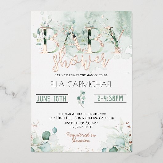 EucalyptusBaby shower Folie Uitnodiging (Voorkant)