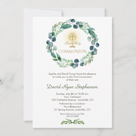 Eucalyptusblad Charme Kruis 1e Heilige Communie Kaart (Voorkant)
