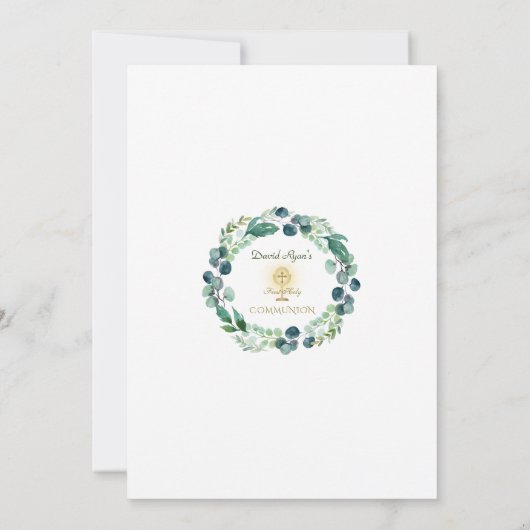 Eucalyptusblad Charme Kruis 1e Heilige Communie Kaart (Achterkant)