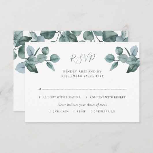 Eucalyptusblad gebladerte Moderne Trouwfeest RSVP Kaartje (Voorkant / Achterkant)