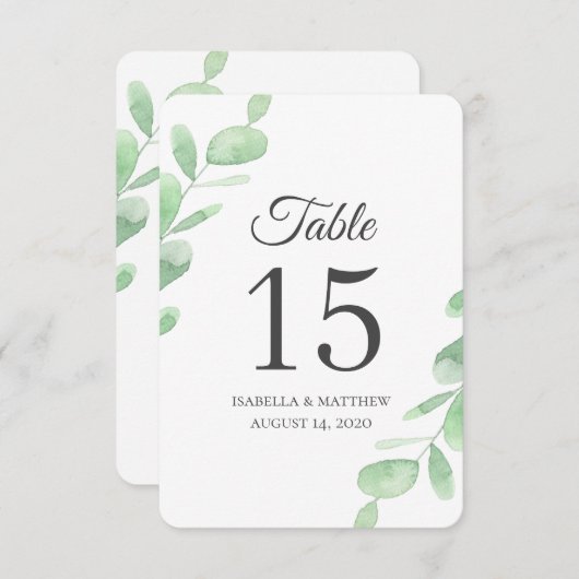Eucalyptusbladeren. Eenvoudige Trouwtafel nummers Kaart (Voorkant / Achterkant)
