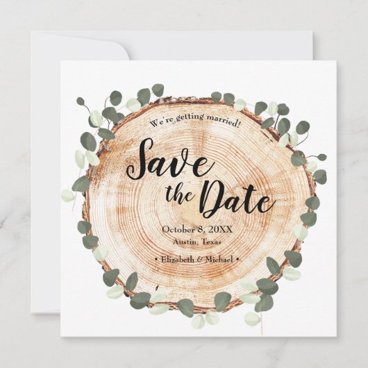 Eucalyptusbladeren en hout Huwelijkswebsite QR-cod Save The Date (Voorkant)