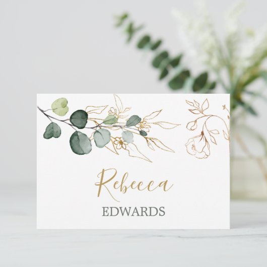 Eucalyptusbladeren Gouden Bloemen Placecard Kaart (Staand voorkant)