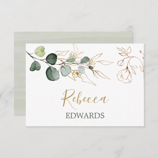 Eucalyptusbladeren Gouden Bloemen Placecard Kaart (Voorkant / Achterkant)