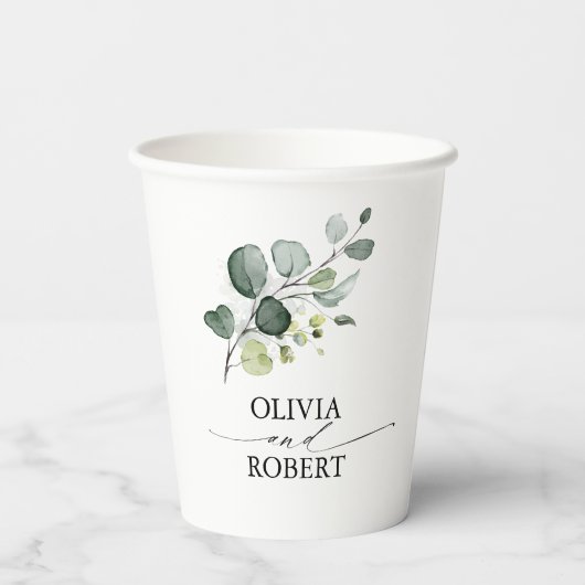 Eucalyptusbladeren groen elegant minimalistisch papieren bekers (Achterkant)