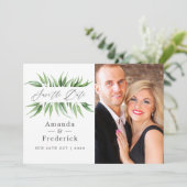 Eucalyptusbladeren groen wedding save the date (Staand voorkant)